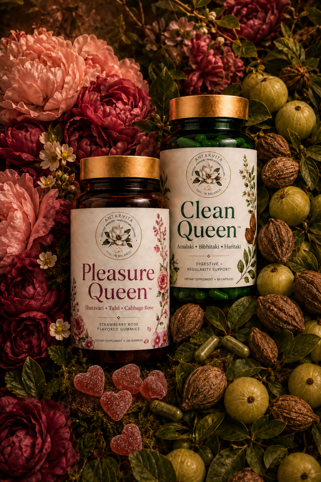 Clean Queen™ and Pleasure Queen™ bottles with whole botanical ingredients on a marble counter at sunset