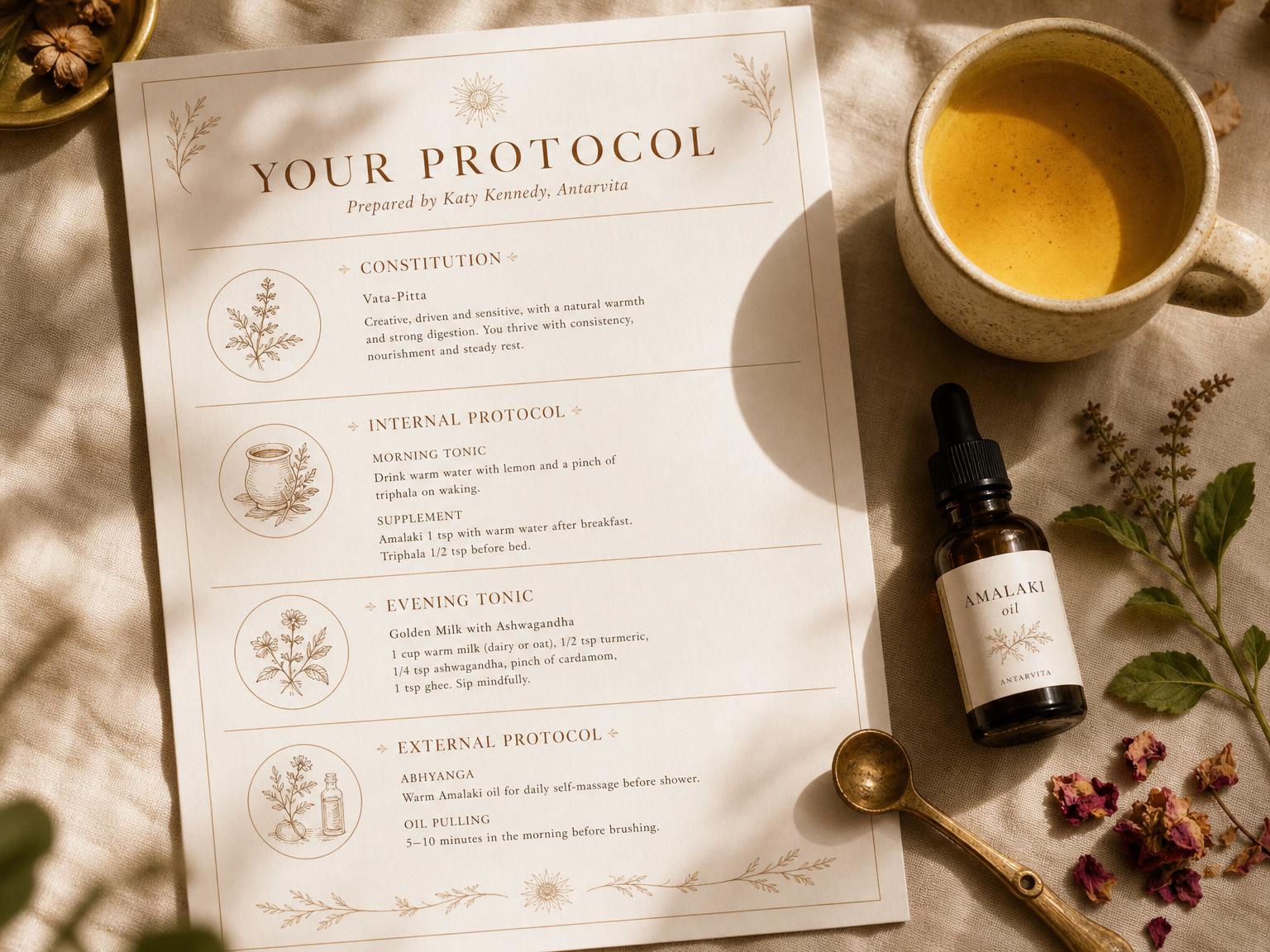 A personalized Ayurvedic protocol on cream linen with tonic and herbs